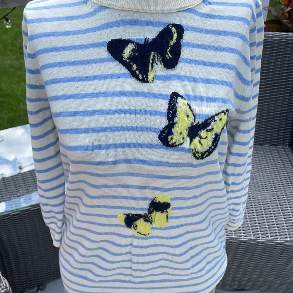 J Crew blue and white striped butterfly detail crewneck sweater